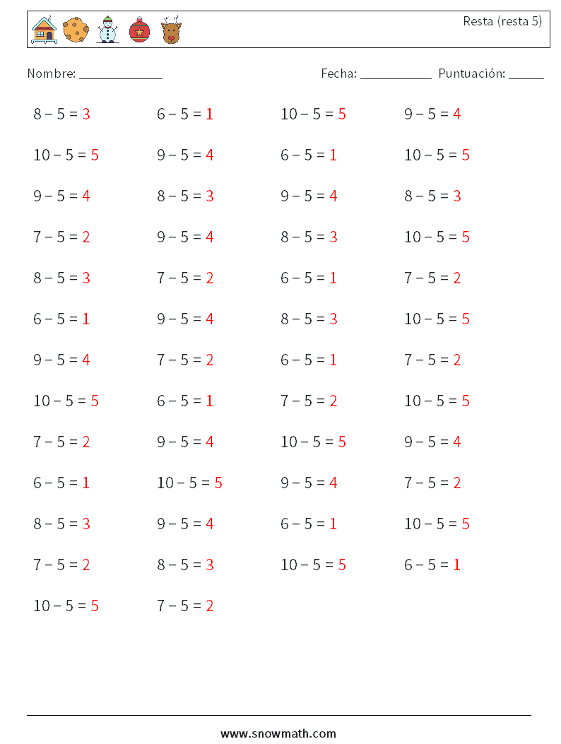 (50) Resta (resta 5) Hojas de trabajo de matemáticas 4 Pregunta, respuesta
