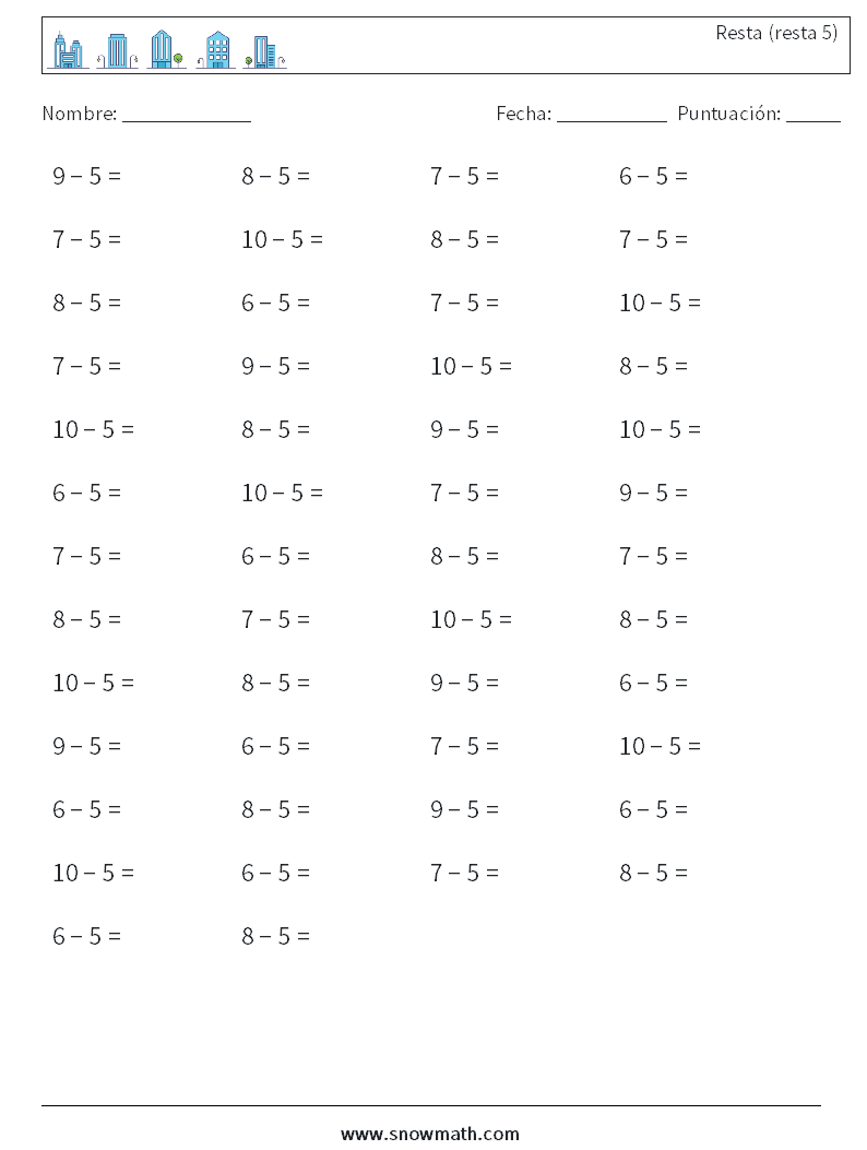 (50) Resta (resta 5) Hojas de trabajo de matemáticas 5