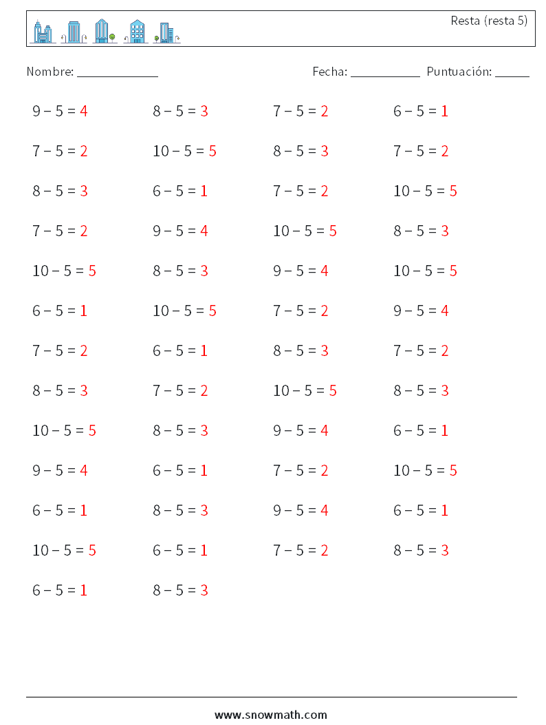 (50) Resta (resta 5) Hojas de trabajo de matemáticas 5 Pregunta, respuesta