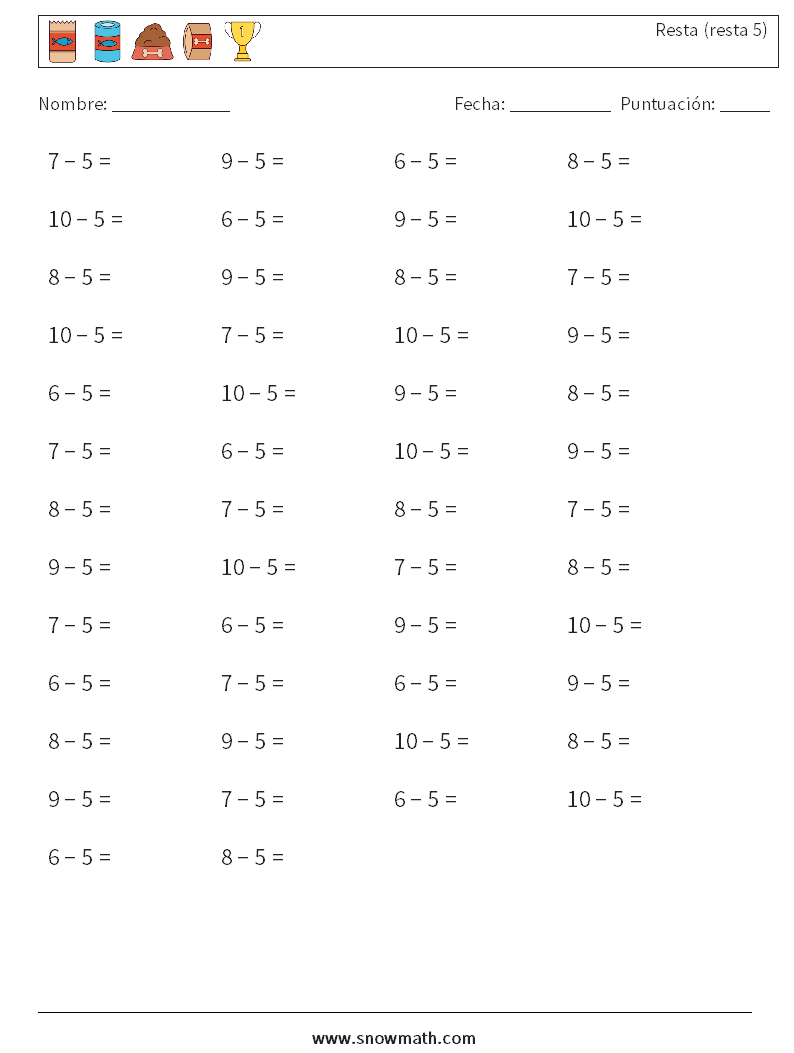 (50) Resta (resta 5) Hojas de trabajo de matemáticas 6