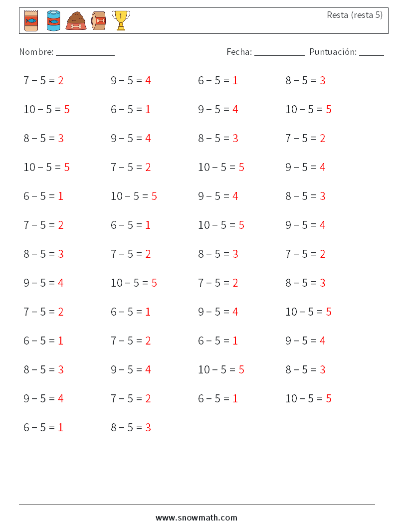 (50) Resta (resta 5) Hojas de trabajo de matemáticas 6 Pregunta, respuesta