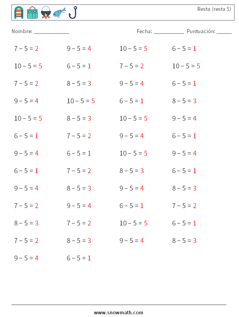 (50) Resta (resta 5) Hojas de trabajo de matemáticas 7 Pregunta, respuesta