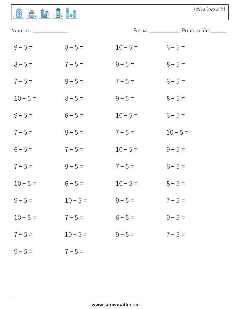 (50) Resta (resta 5) Hojas de trabajo de matemáticas 8