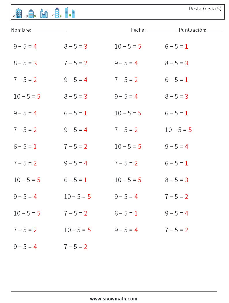 (50) Resta (resta 5) Hojas de trabajo de matemáticas 8 Pregunta, respuesta