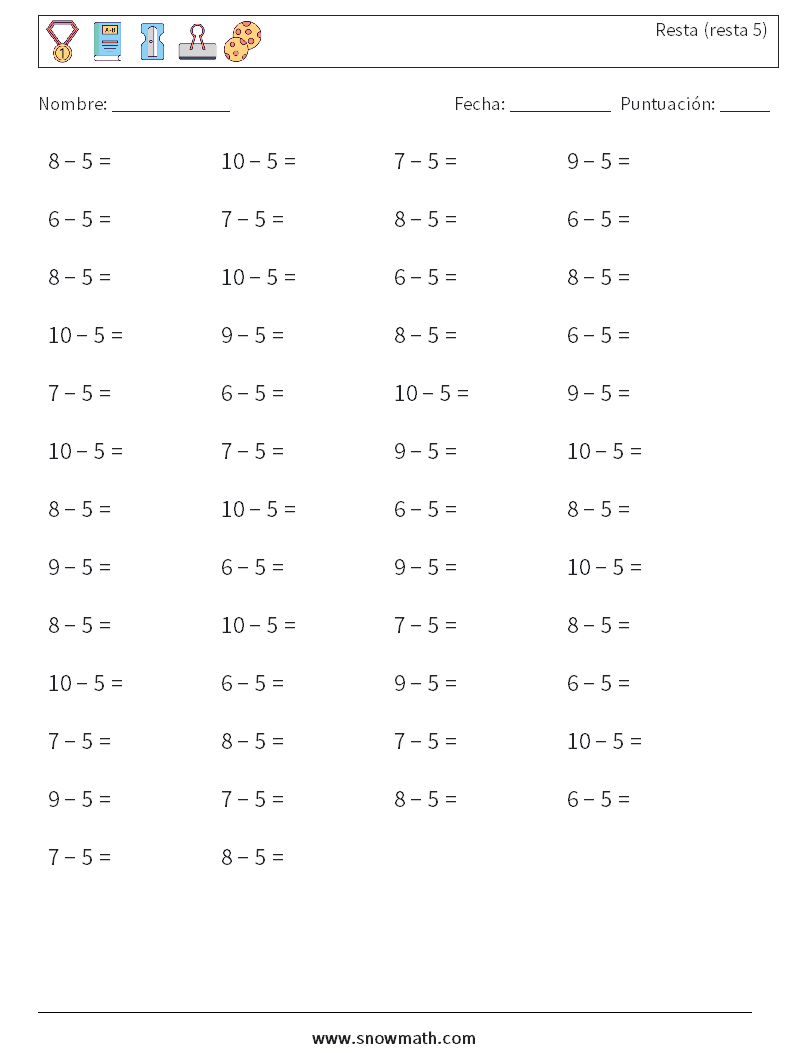 (50) Resta (resta 5) Hojas de trabajo de matemáticas 9
