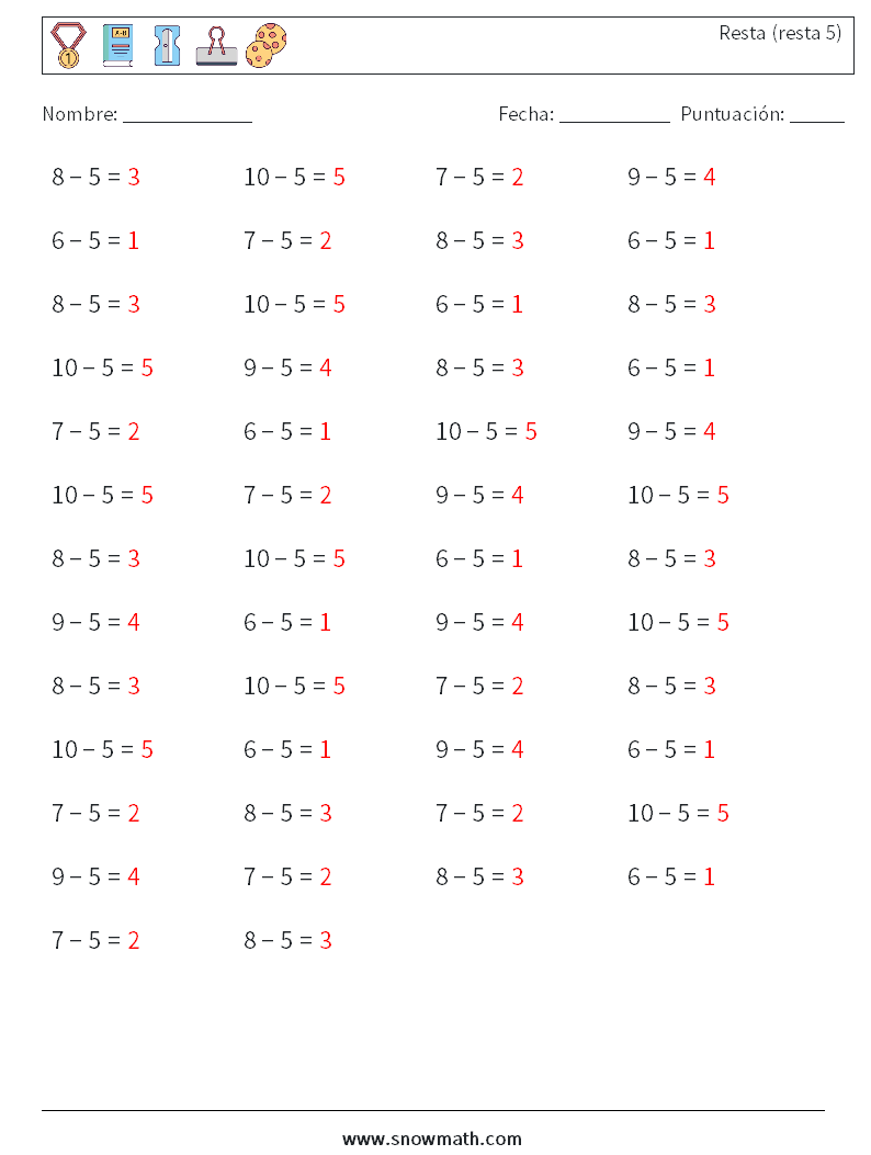 (50) Resta (resta 5) Hojas de trabajo de matemáticas 9 Pregunta, respuesta