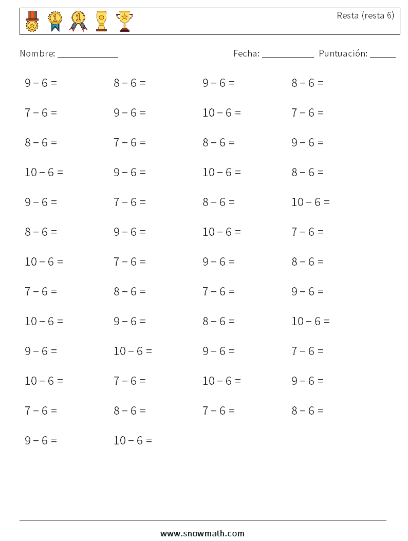 (50) Resta (resta 6) Hojas de trabajo de matemáticas 5