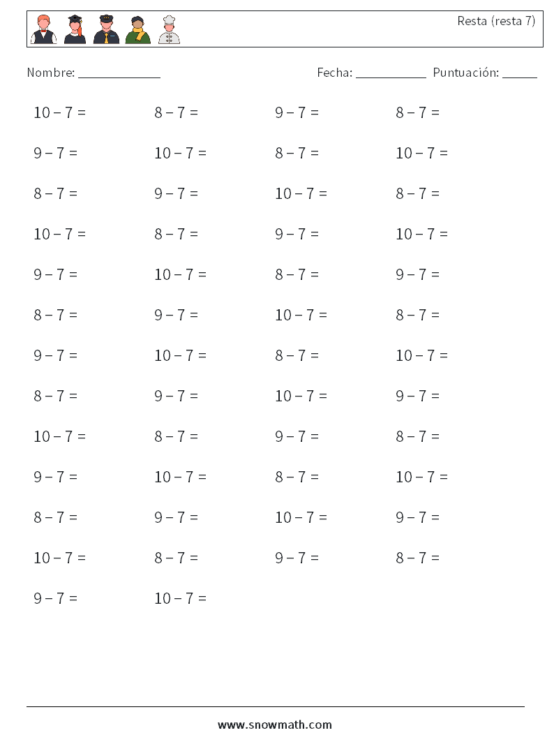 (50) Resta (resta 7) Hojas de trabajo de matemáticas 1