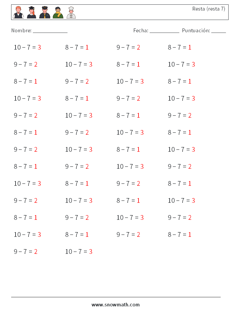 (50) Resta (resta 7) Hojas de trabajo de matemáticas 1 Pregunta, respuesta