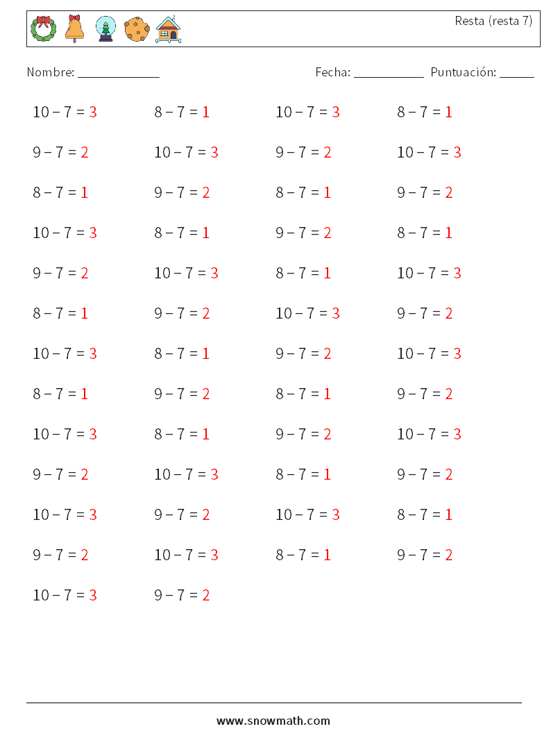 (50) Resta (resta 7) Hojas de trabajo de matemáticas 3 Pregunta, respuesta