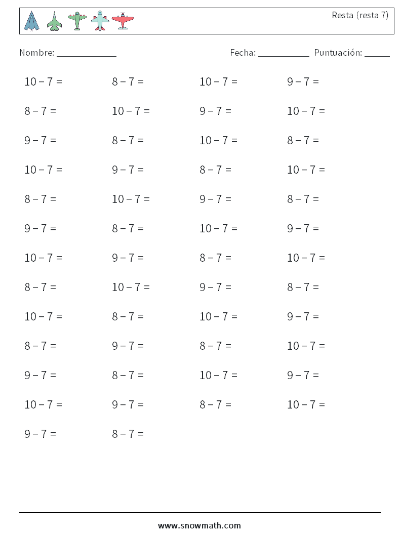 (50) Resta (resta 7) Hojas de trabajo de matemáticas 4