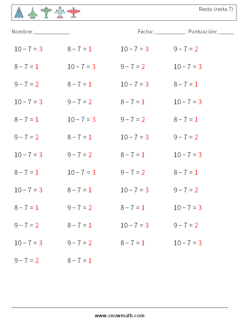 (50) Resta (resta 7) Hojas de trabajo de matemáticas 4 Pregunta, respuesta