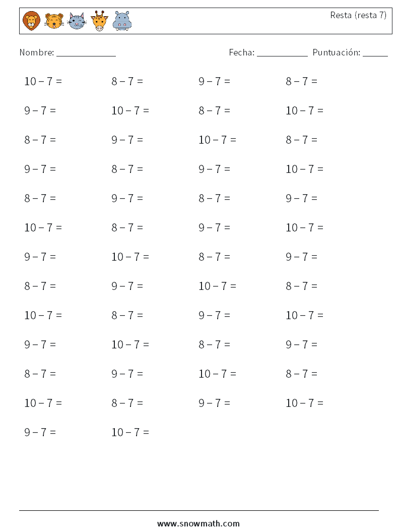(50) Resta (resta 7) Hojas de trabajo de matemáticas 5