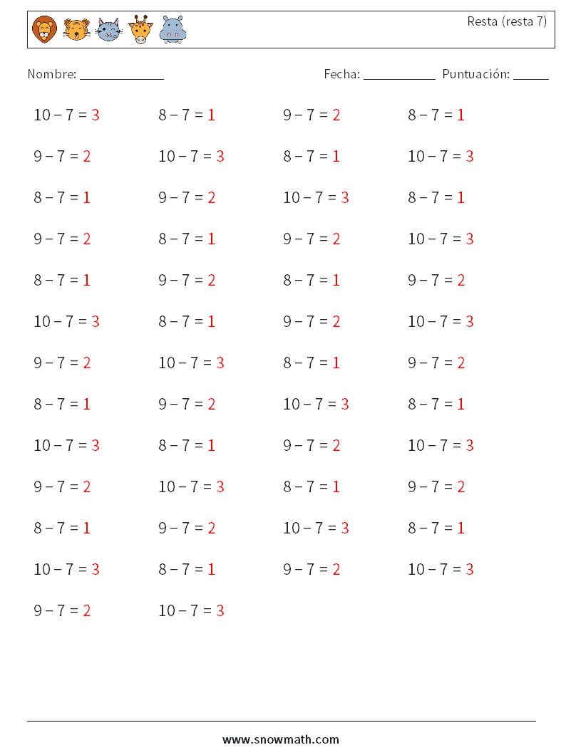 (50) Resta (resta 7) Hojas de trabajo de matemáticas 5 Pregunta, respuesta