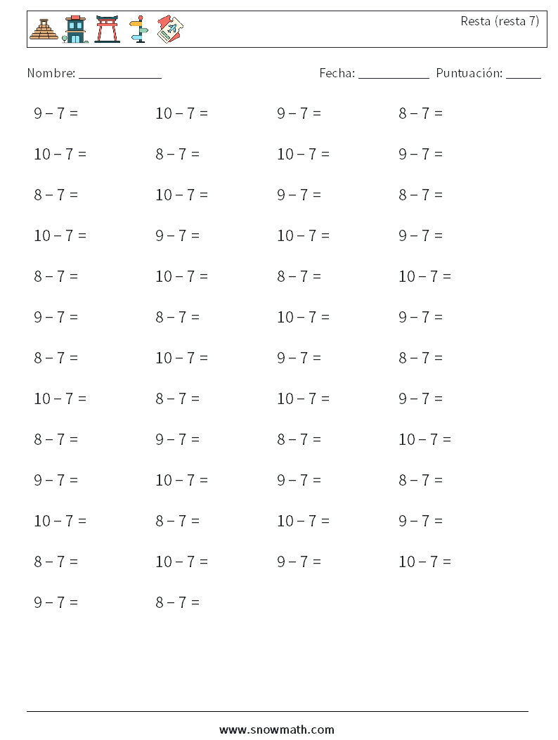 (50) Resta (resta 7) Hojas de trabajo de matemáticas 7
