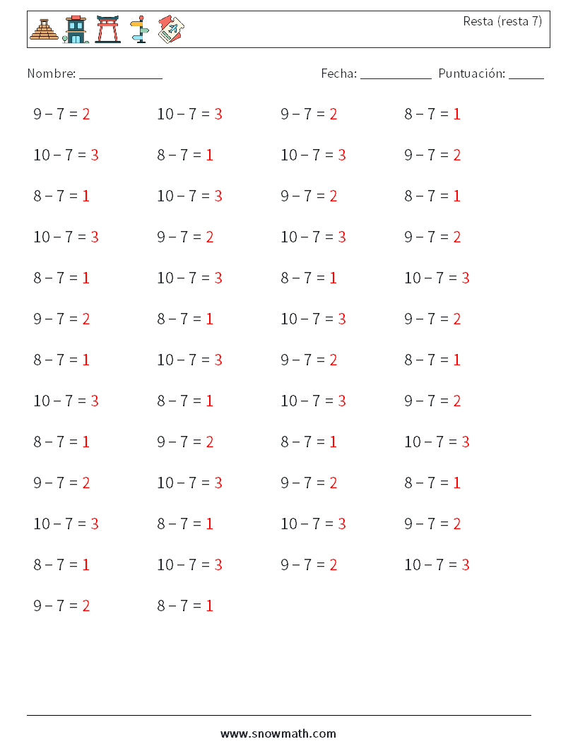 (50) Resta (resta 7) Hojas de trabajo de matemáticas 7 Pregunta, respuesta