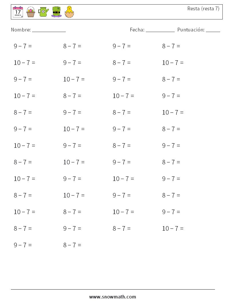(50) Resta (resta 7) Hojas de trabajo de matemáticas 8