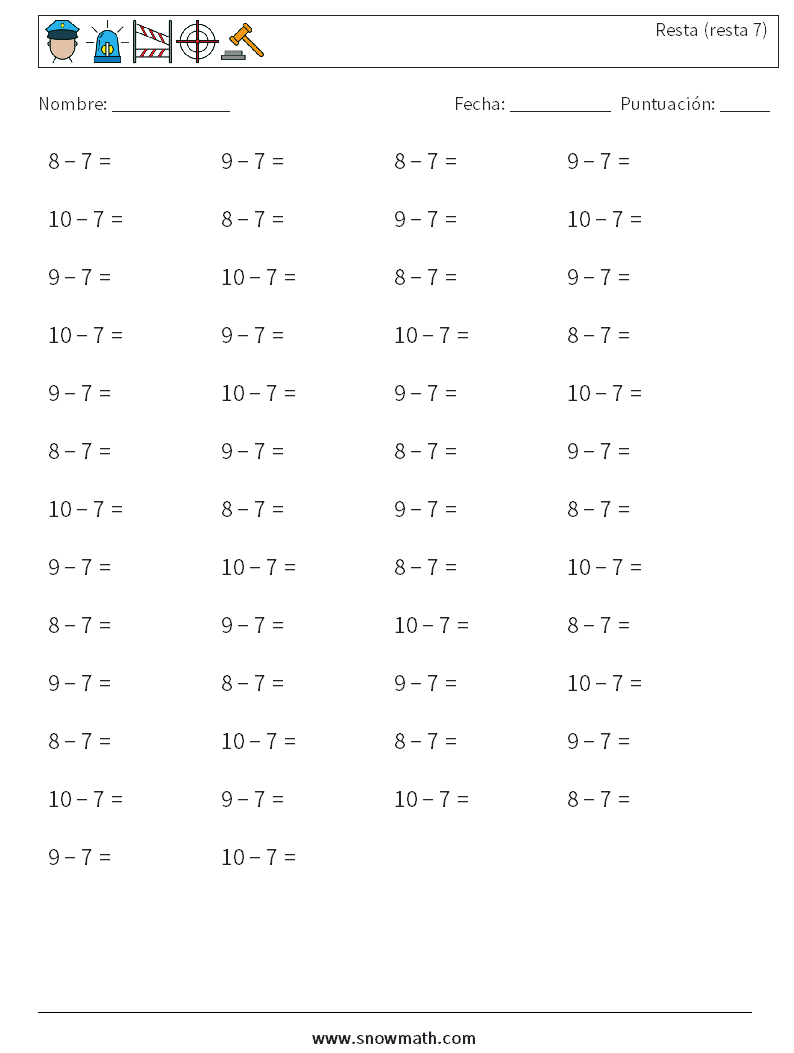 (50) Resta (resta 7) Hojas de trabajo de matemáticas 9