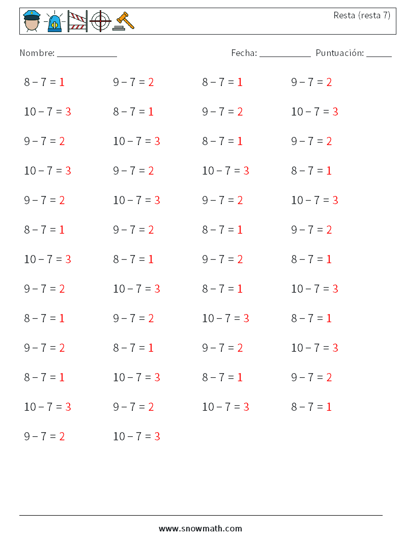 (50) Resta (resta 7) Hojas de trabajo de matemáticas 9 Pregunta, respuesta