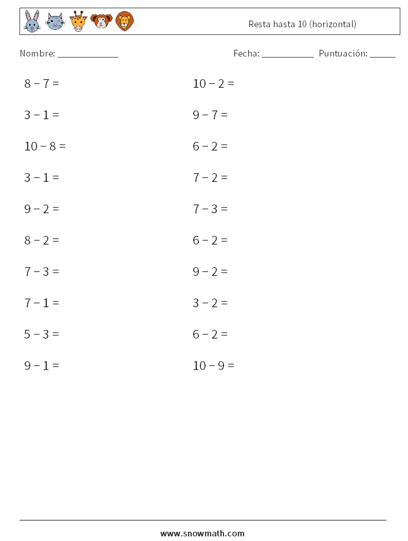 (20) Resta hasta 10 (horizontal) Hojas de trabajo de matemáticas 1