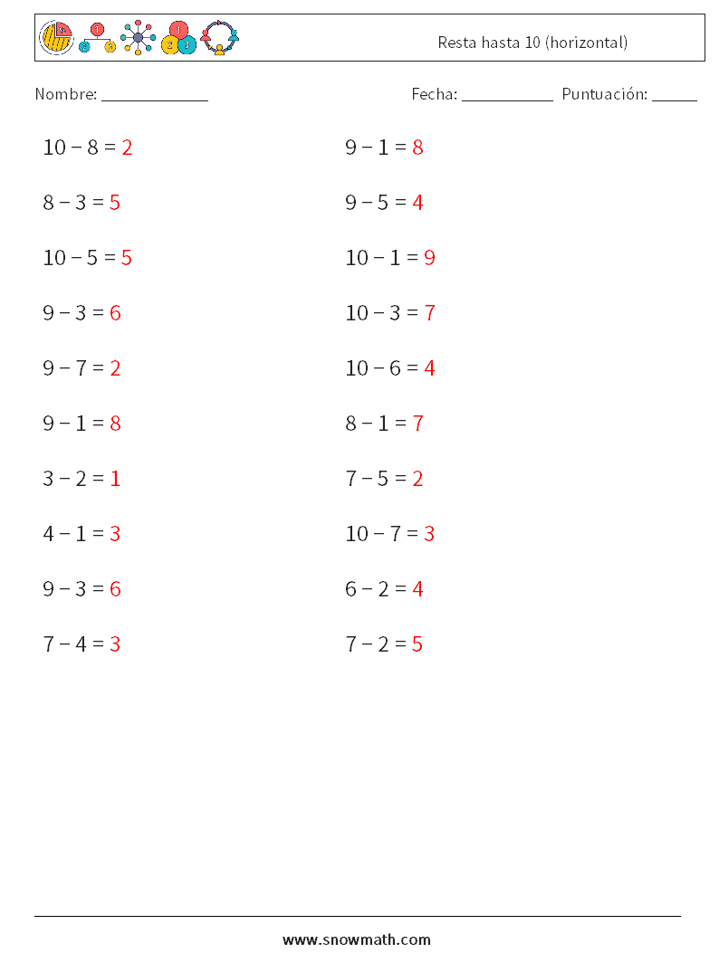 (20) Resta hasta 10 (horizontal) Hojas de trabajo de matemáticas 2 Pregunta, respuesta
