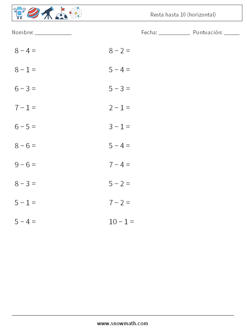 (20) Resta hasta 10 (horizontal) Hojas de trabajo de matemáticas 3