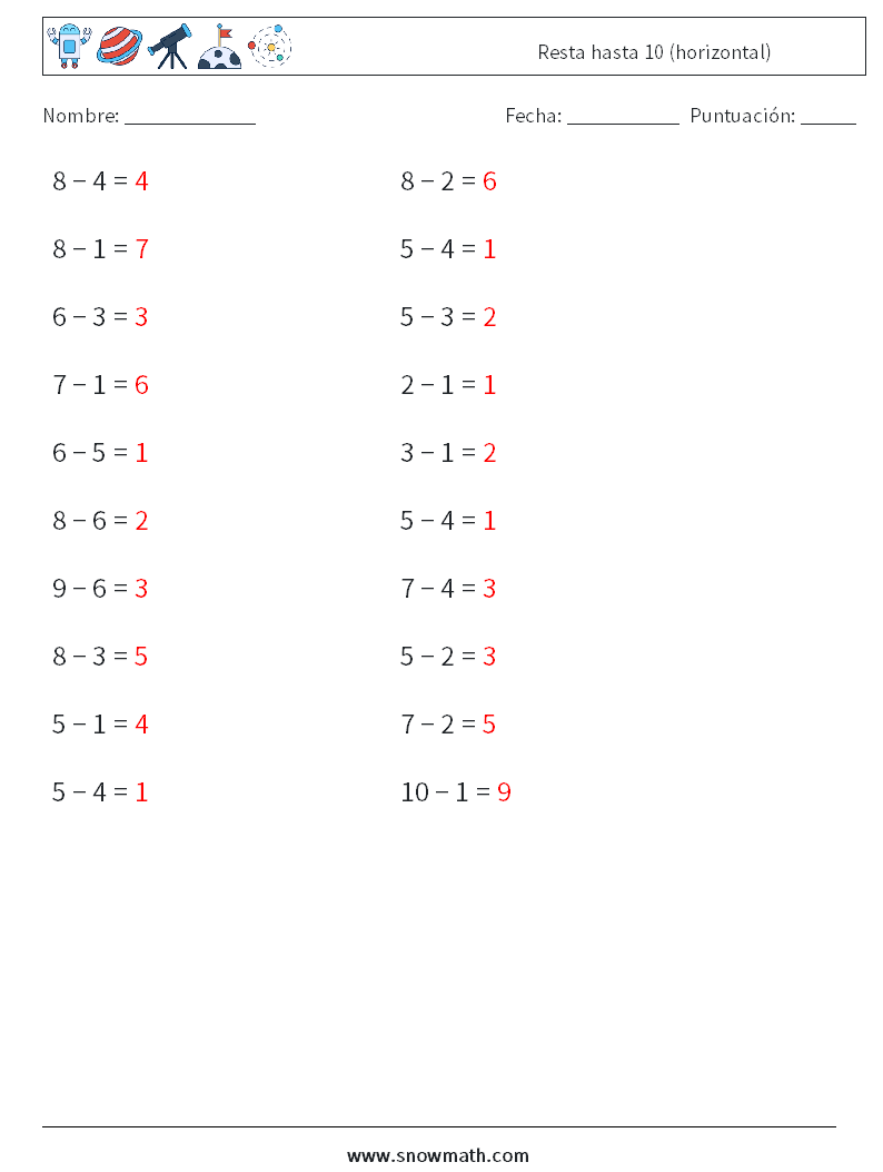 (20) Resta hasta 10 (horizontal) Hojas de trabajo de matemáticas 3 Pregunta, respuesta
