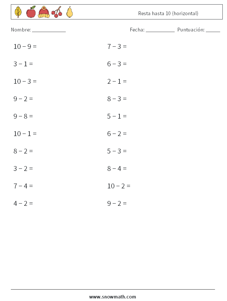 (20) Resta hasta 10 (horizontal) Hojas de trabajo de matemáticas 4