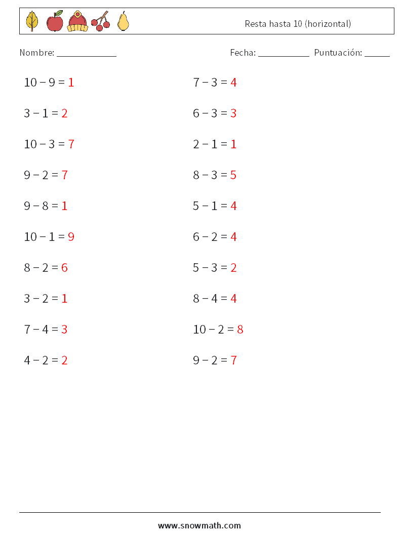 (20) Resta hasta 10 (horizontal) Hojas de trabajo de matemáticas 4 Pregunta, respuesta