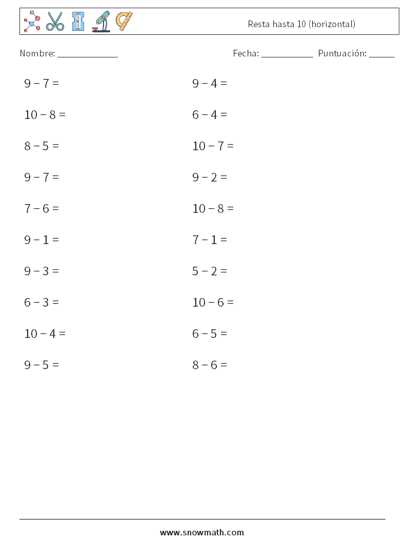 (20) Resta hasta 10 (horizontal) Hojas de trabajo de matemáticas 5