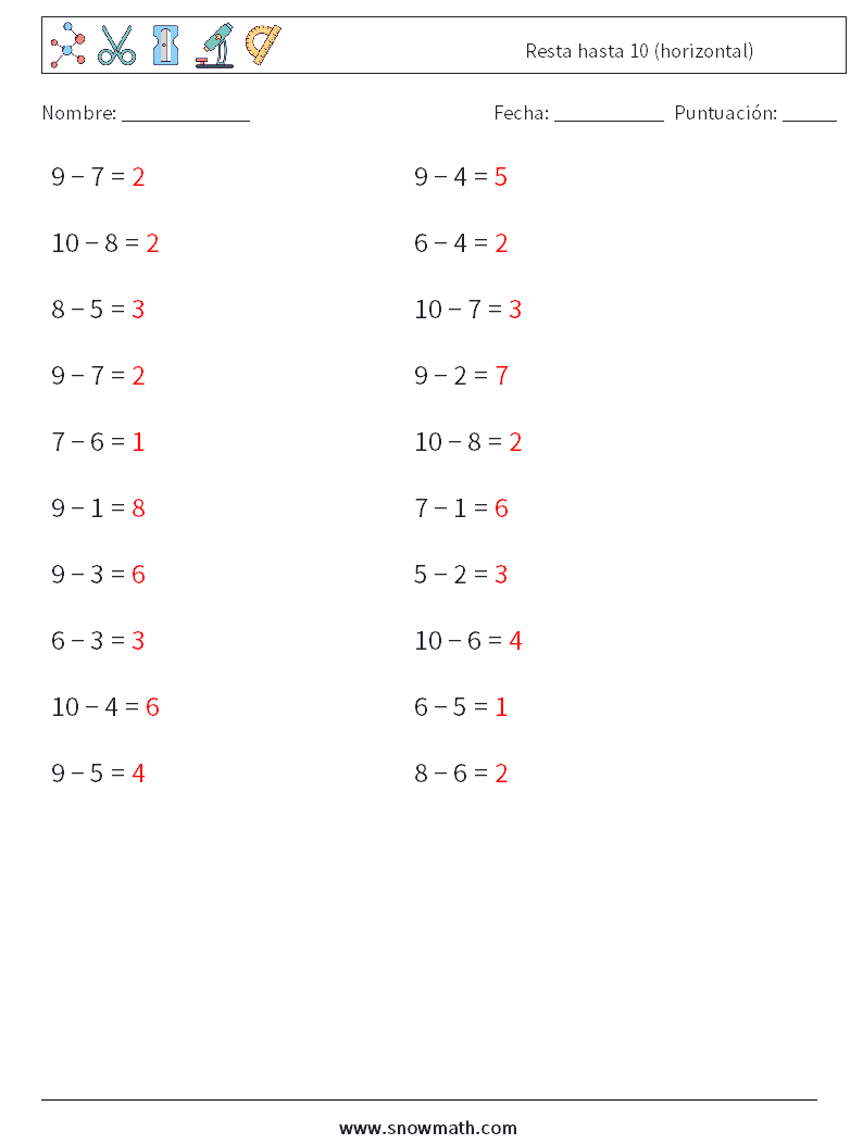 (20) Resta hasta 10 (horizontal) Hojas de trabajo de matemáticas 5 Pregunta, respuesta
