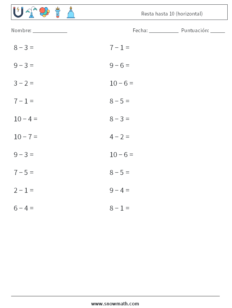 (20) Resta hasta 10 (horizontal) Hojas de trabajo de matemáticas 6