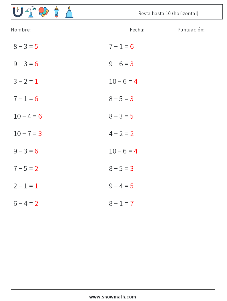 (20) Resta hasta 10 (horizontal) Hojas de trabajo de matemáticas 6 Pregunta, respuesta