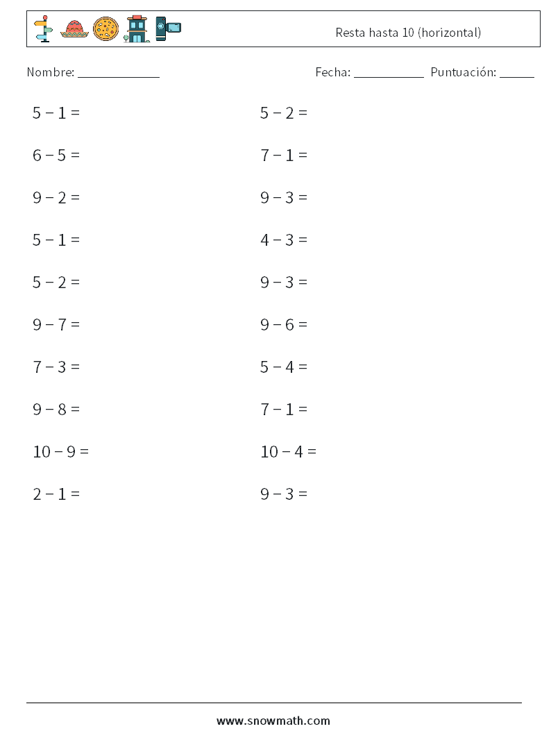 (20) Resta hasta 10 (horizontal) Hojas de trabajo de matemáticas 7