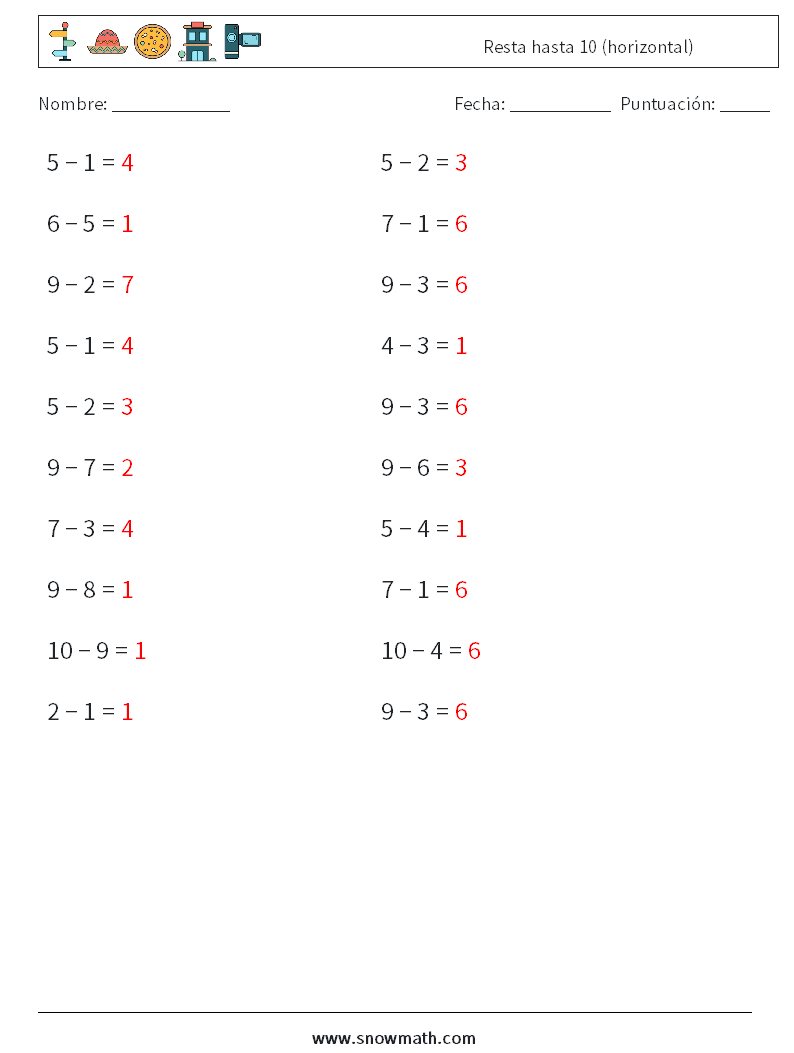 (20) Resta hasta 10 (horizontal) Hojas de trabajo de matemáticas 7 Pregunta, respuesta