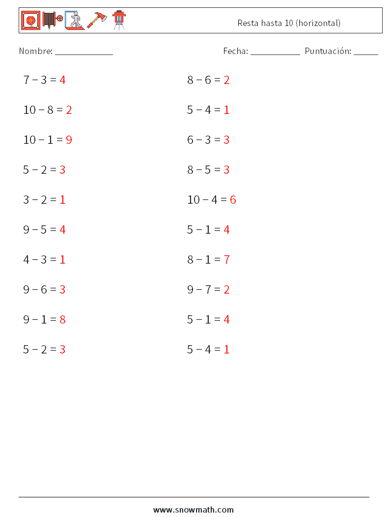 (20) Resta hasta 10 (horizontal) Hojas de trabajo de matemáticas 8 Pregunta, respuesta