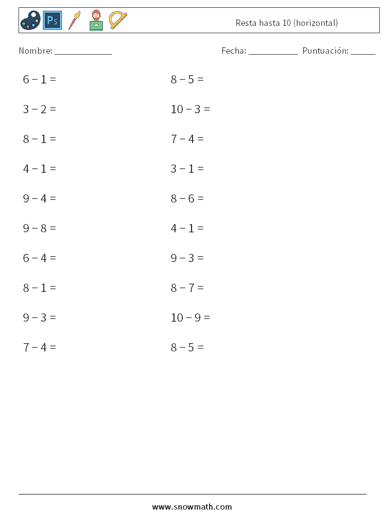 (20) Resta hasta 10 (horizontal) Hojas de trabajo de matemáticas 9