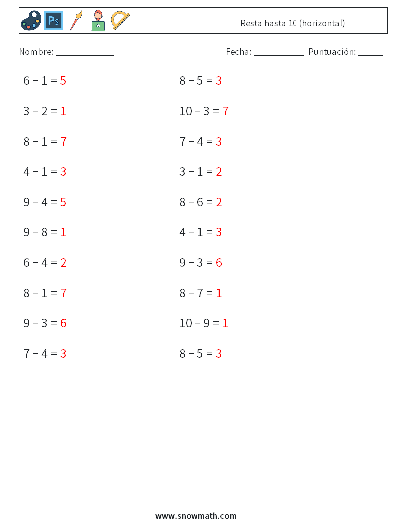(20) Resta hasta 10 (horizontal) Hojas de trabajo de matemáticas 9 Pregunta, respuesta