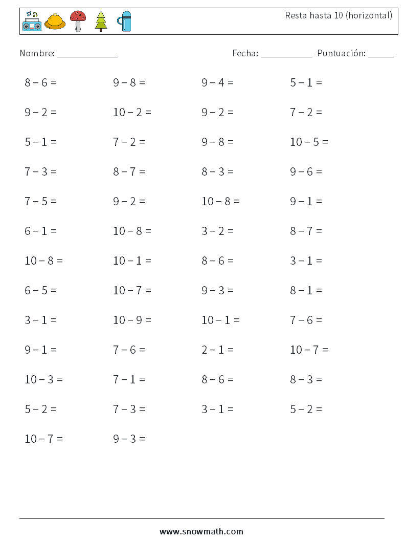 (50) Resta hasta 10 (horizontal) Hojas de trabajo de matemáticas 1