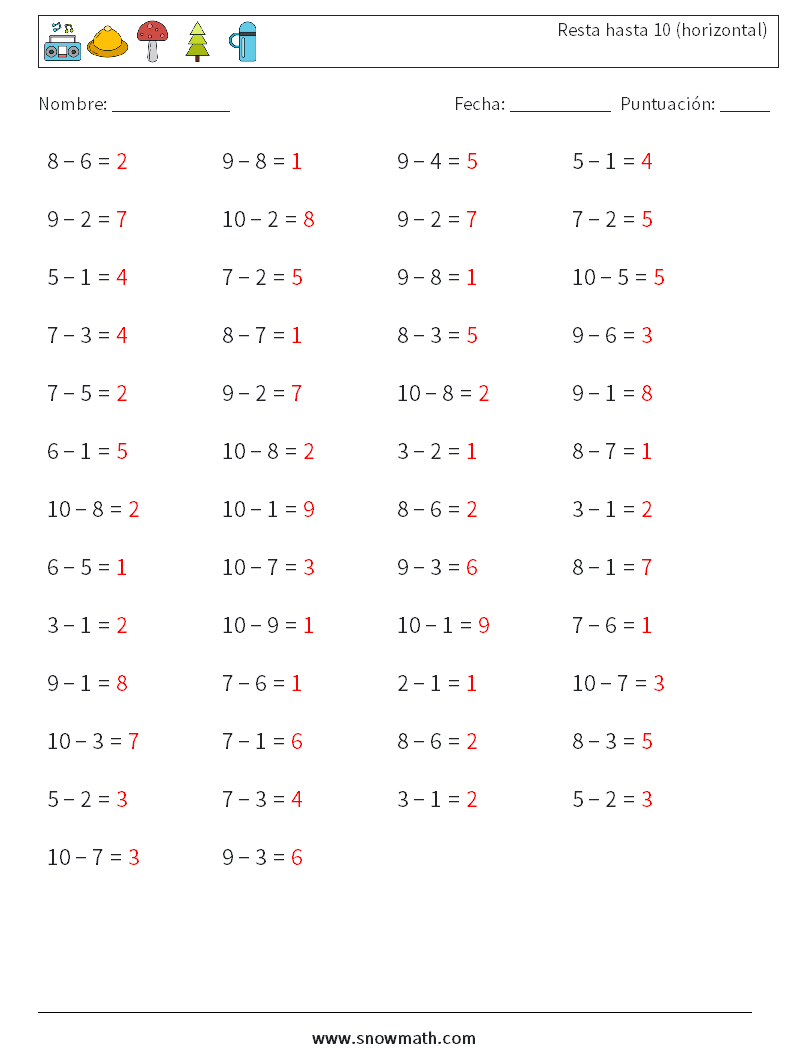 (50) Resta hasta 10 (horizontal) Hojas de trabajo de matemáticas 1 Pregunta, respuesta