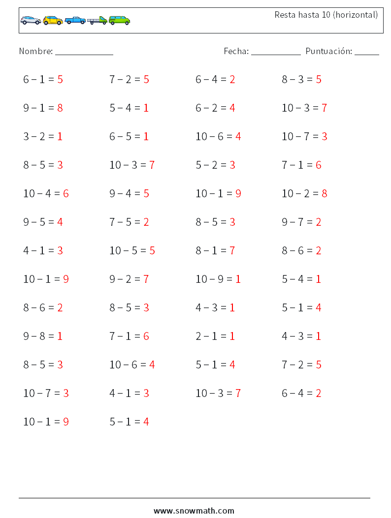 (50) Resta hasta 10 (horizontal) Hojas de trabajo de matemáticas 2 Pregunta, respuesta