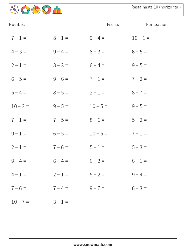 (50) Resta hasta 10 (horizontal) Hojas de trabajo de matemáticas 3