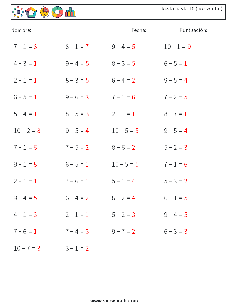 (50) Resta hasta 10 (horizontal) Hojas de trabajo de matemáticas 3 Pregunta, respuesta