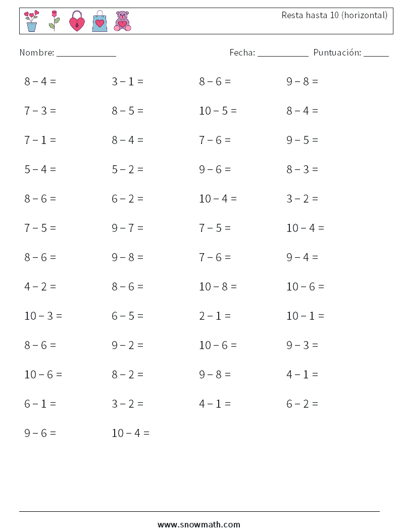 (50) Resta hasta 10 (horizontal) Hojas de trabajo de matemáticas 4