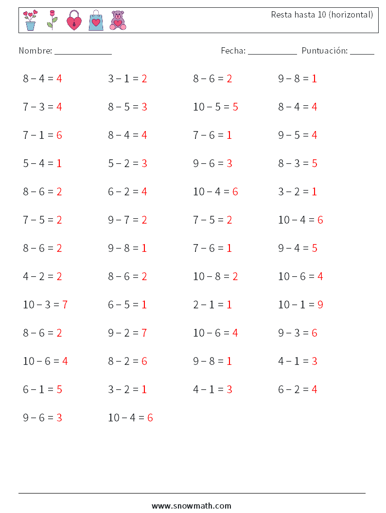 (50) Resta hasta 10 (horizontal) Hojas de trabajo de matemáticas 4 Pregunta, respuesta
