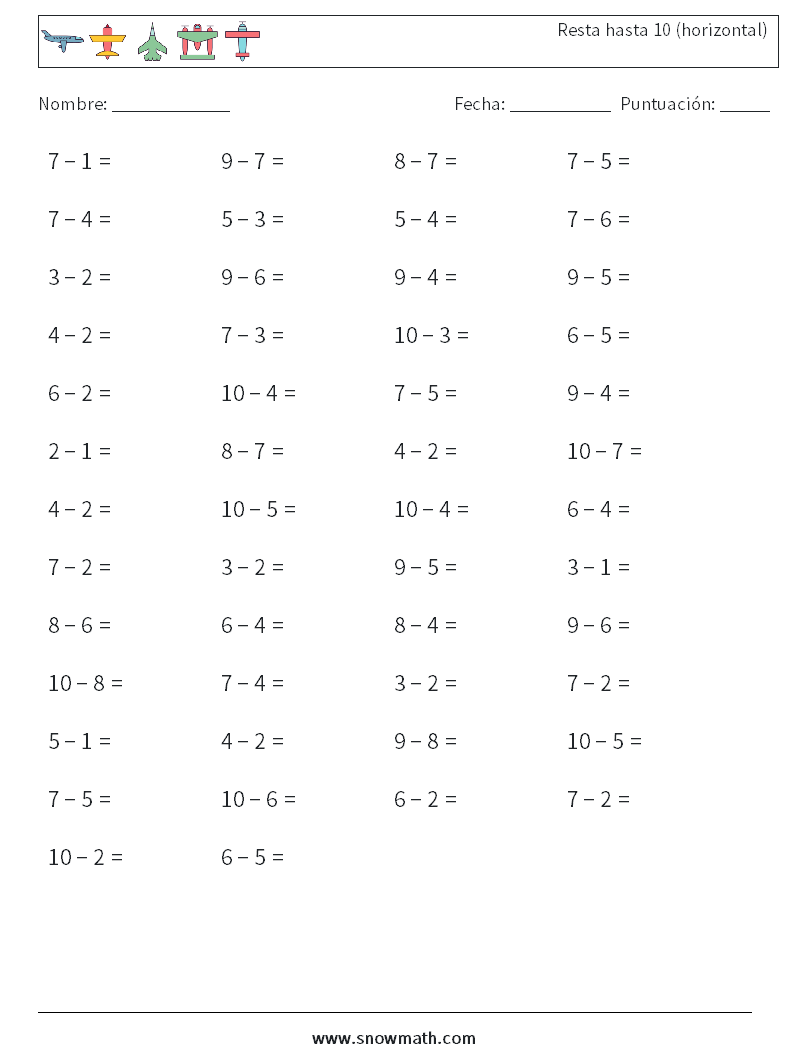 (50) Resta hasta 10 (horizontal) Hojas de trabajo de matemáticas 5