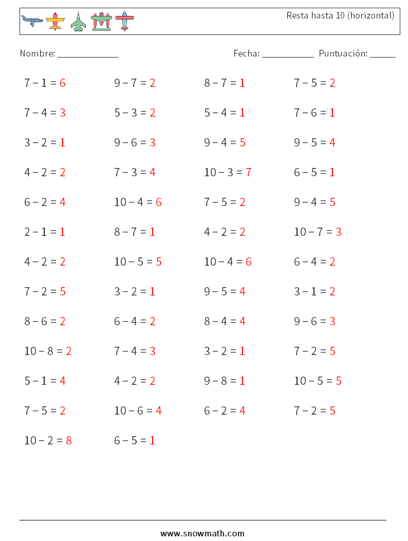 (50) Resta hasta 10 (horizontal) Hojas de trabajo de matemáticas 5 Pregunta, respuesta