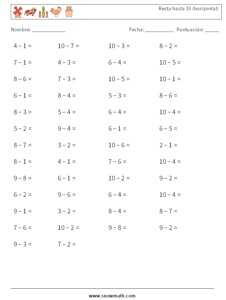 (50) Resta hasta 10 (horizontal) Hojas de trabajo de matemáticas 6