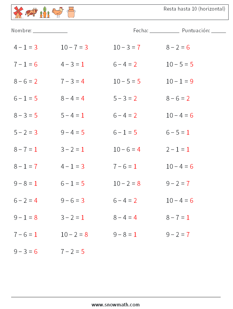 (50) Resta hasta 10 (horizontal) Hojas de trabajo de matemáticas 6 Pregunta, respuesta