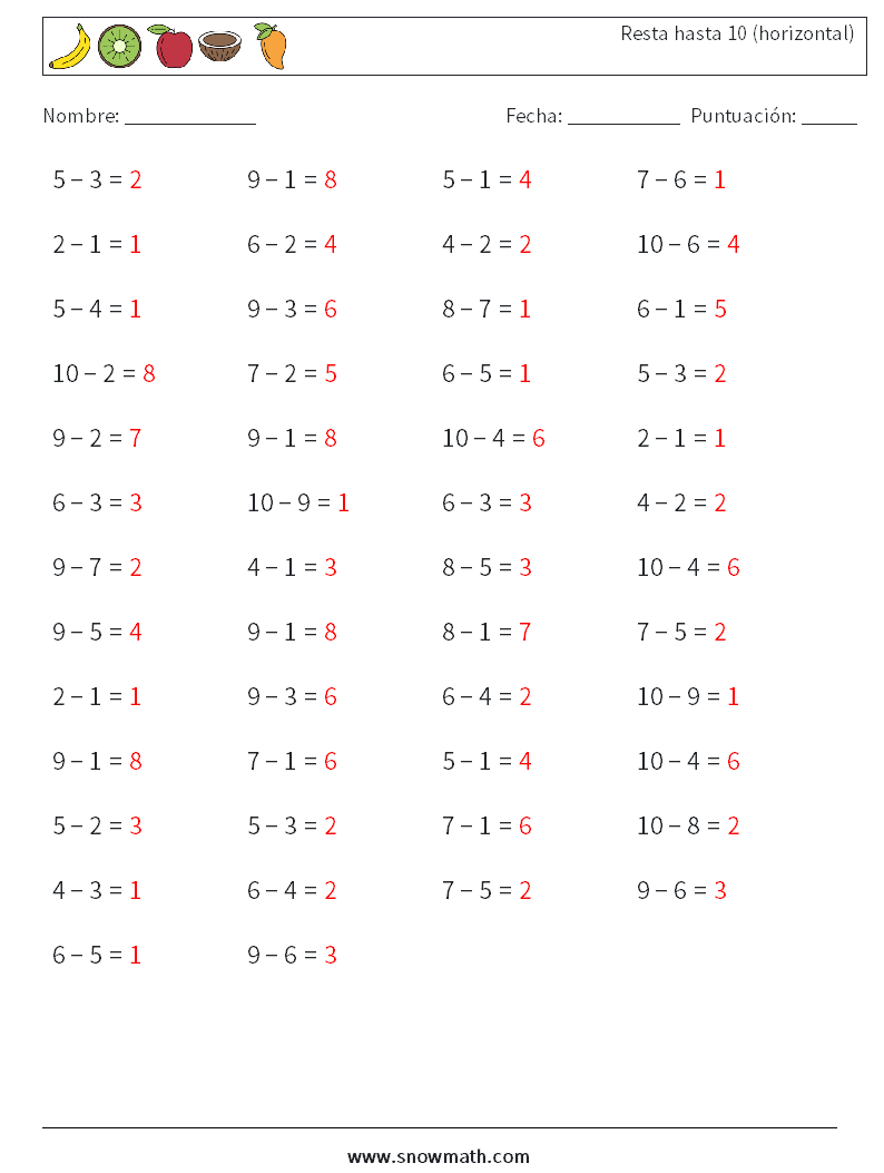 (50) Resta hasta 10 (horizontal) Hojas de trabajo de matemáticas 7 Pregunta, respuesta